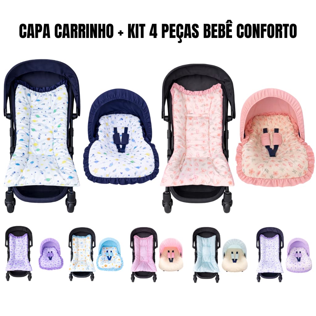 Kit Capa Carrinho + Bebê Conforto | Capota Solar e Protetores de Cinto 4 peças Universal