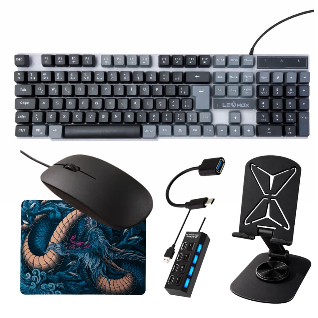 Kit Mobilador Completo 6 itens Teclado Gamer Colorido Rgb Mouse Hub Mouse Pad Tripe Cabo Otg Tipo c