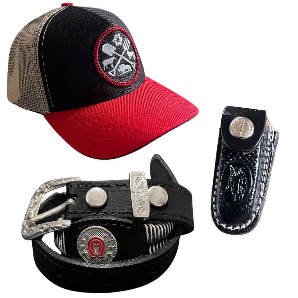 kit Cinto de Couro com Aplique Bainha de Canivete e Bone Country para Crianças