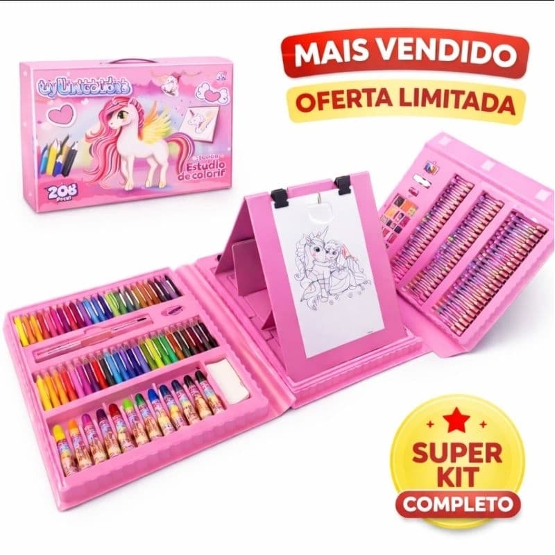 Kit Maleta de Colorir Unicórnio 208 Peças Estojo Completo Infantil Canetinhas Lápis Presente