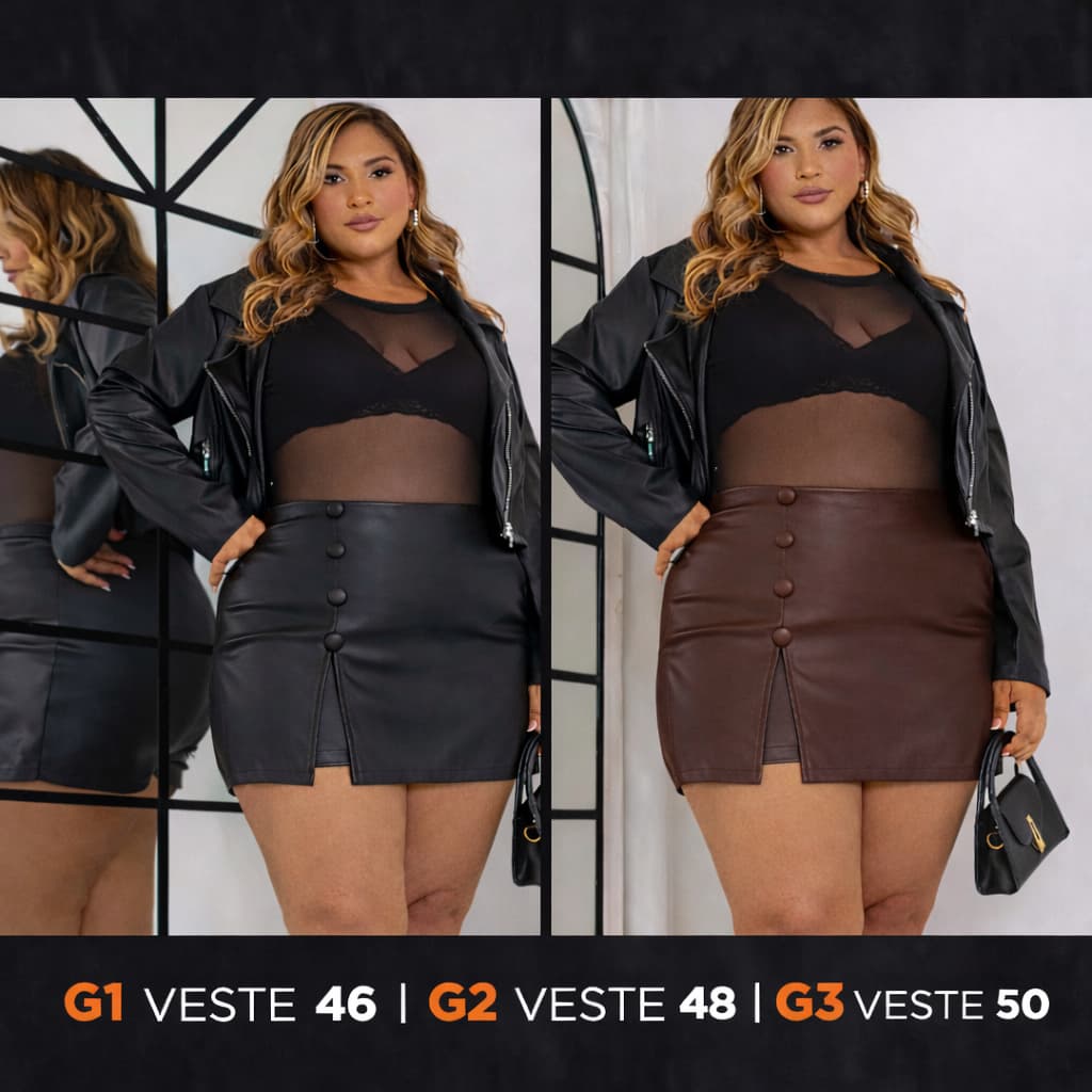 short saia plus size couro fake detalhe botão forrado