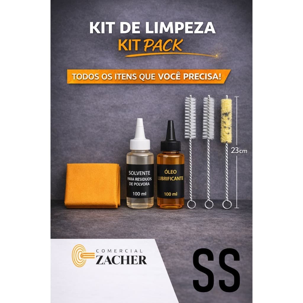 KIT PACK DE LIMPEZA PARA ARMAS CURTAS, 3 ESCOVAS, ÓLEO, SOLVENTE E FLANELA.