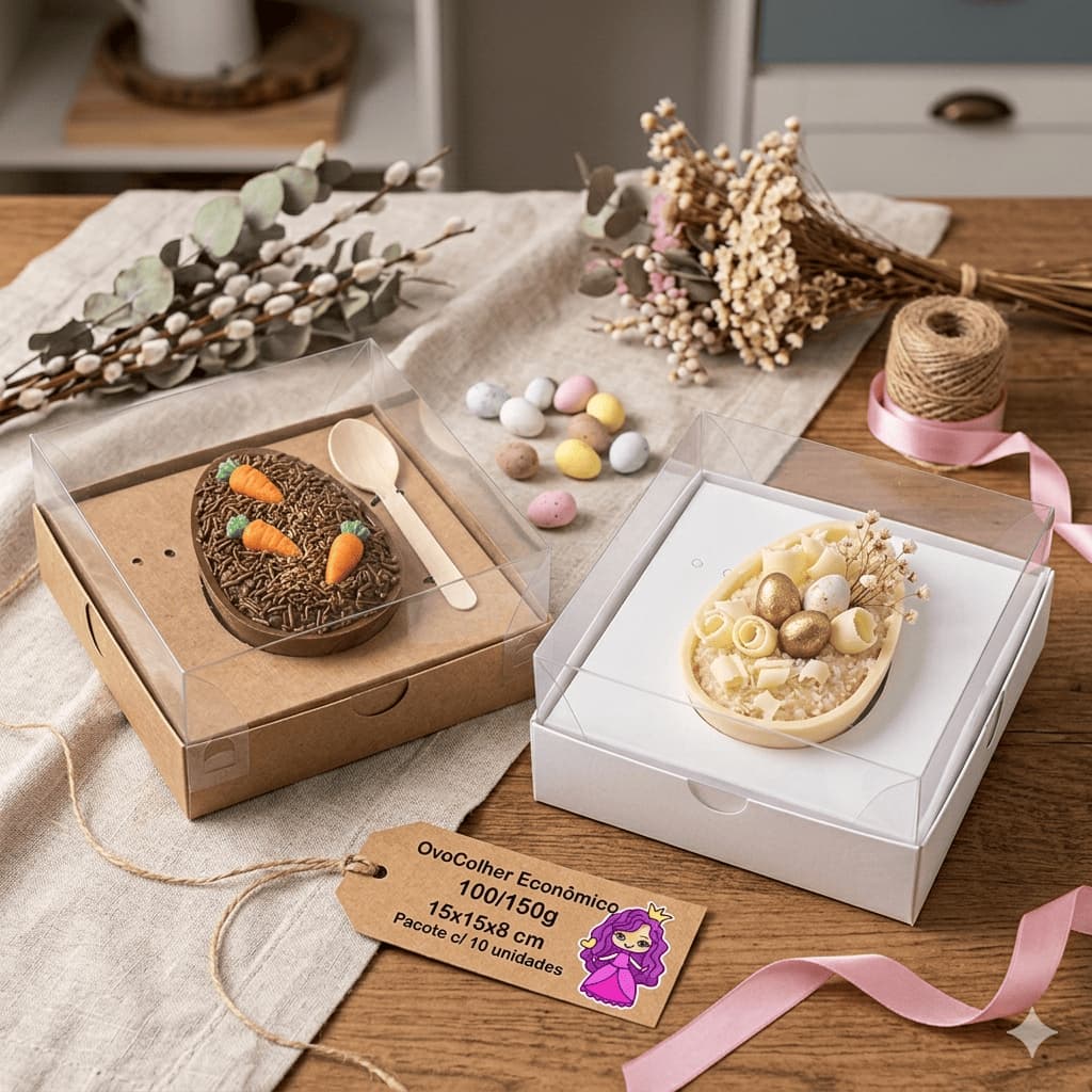 Embalagem para Ovo de Colher 100/150g Linha Econômica em papel Kraft e Branco - 08x15x15cm - Pacote com 10 unidades