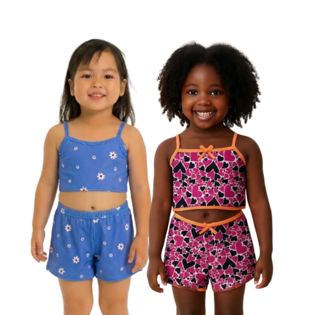 Kit 2 Pijamas Infantil Menina de Malha Babydoll Camiseta + Short Doll Verão Estampas Sortidas