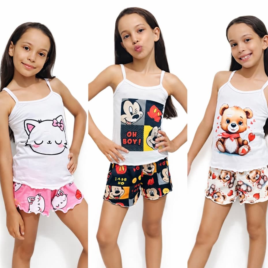 Kit 3 Babydoll Regata Infantil de Alcinha Com Shortinho Para Menina Personagens Temático Sortidas