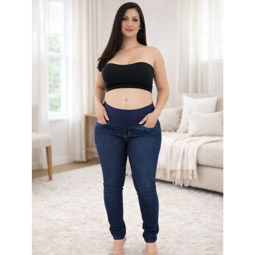 Calca Jeans Skinny Grávida Gestante com Lycra Cós Alto Confortável Moda Gravidez Azul Escuro