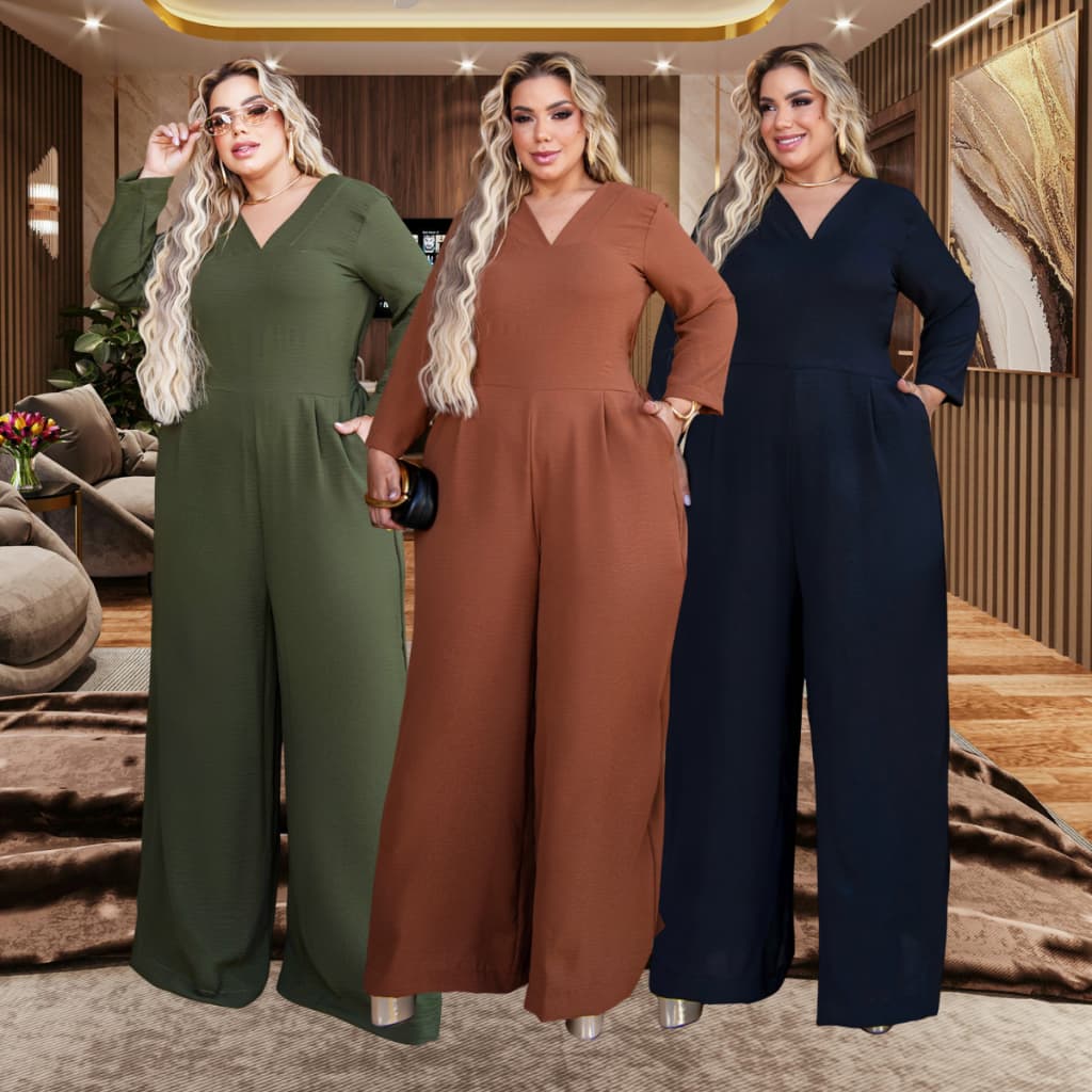 Macacão Plus Size Longo Feminino Elegante Pantalona Social Com Bolso e Elástico Costas GG G1 G2 G4 G5 Moda Plus Size
