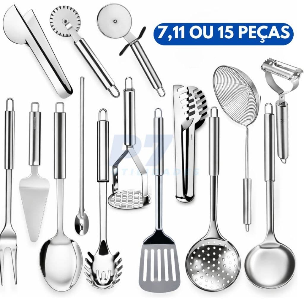 Kit 7, 11 ou 15 Peças Utensílios de Cozinha Inox Escumadeira Concha Espátula Pegador Jogo Completo