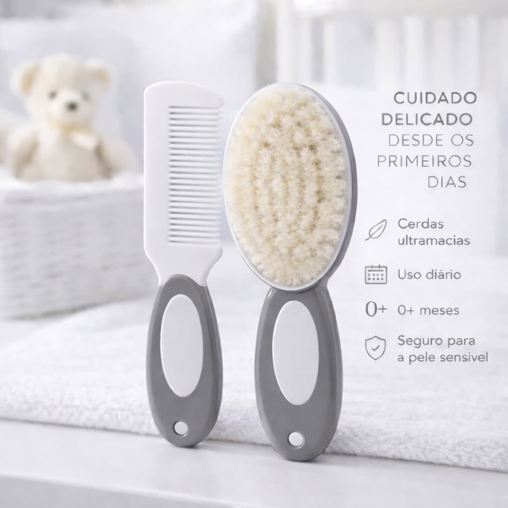 Kit Escova e Pente para Bebê Cerdas Macias Pontas Arredondadas