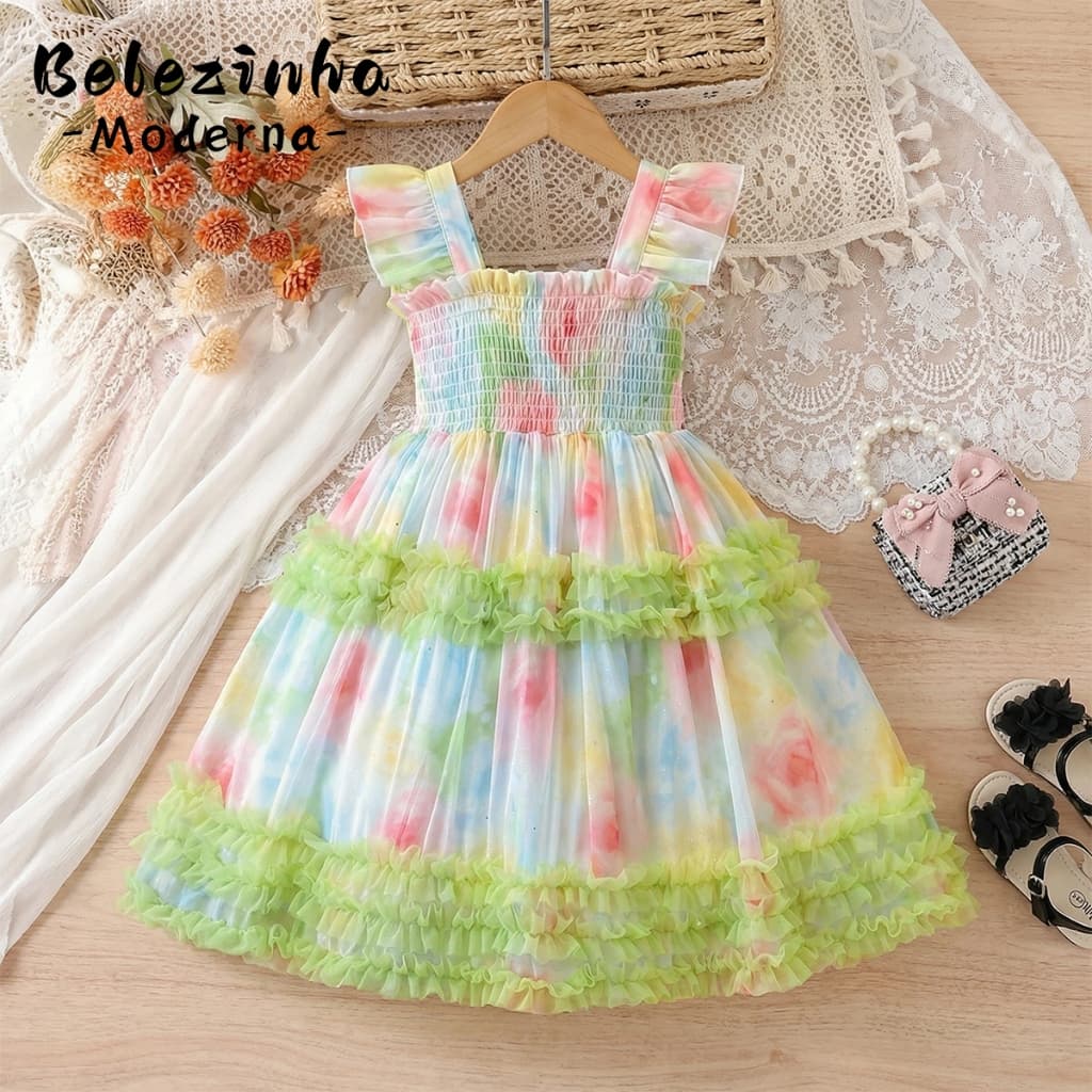 【Belezinha Moderna】Novo vestido de verão para meninas, perfeito para aniversários e festas. Macio e respirável Conforto