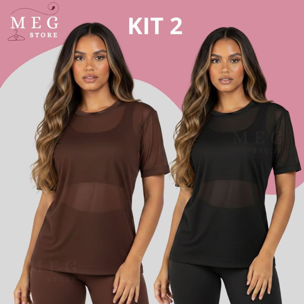 Kit 2 Blusas feminina de Tule Camisão Transparente Academia Fitness com Manga Treino Esporte