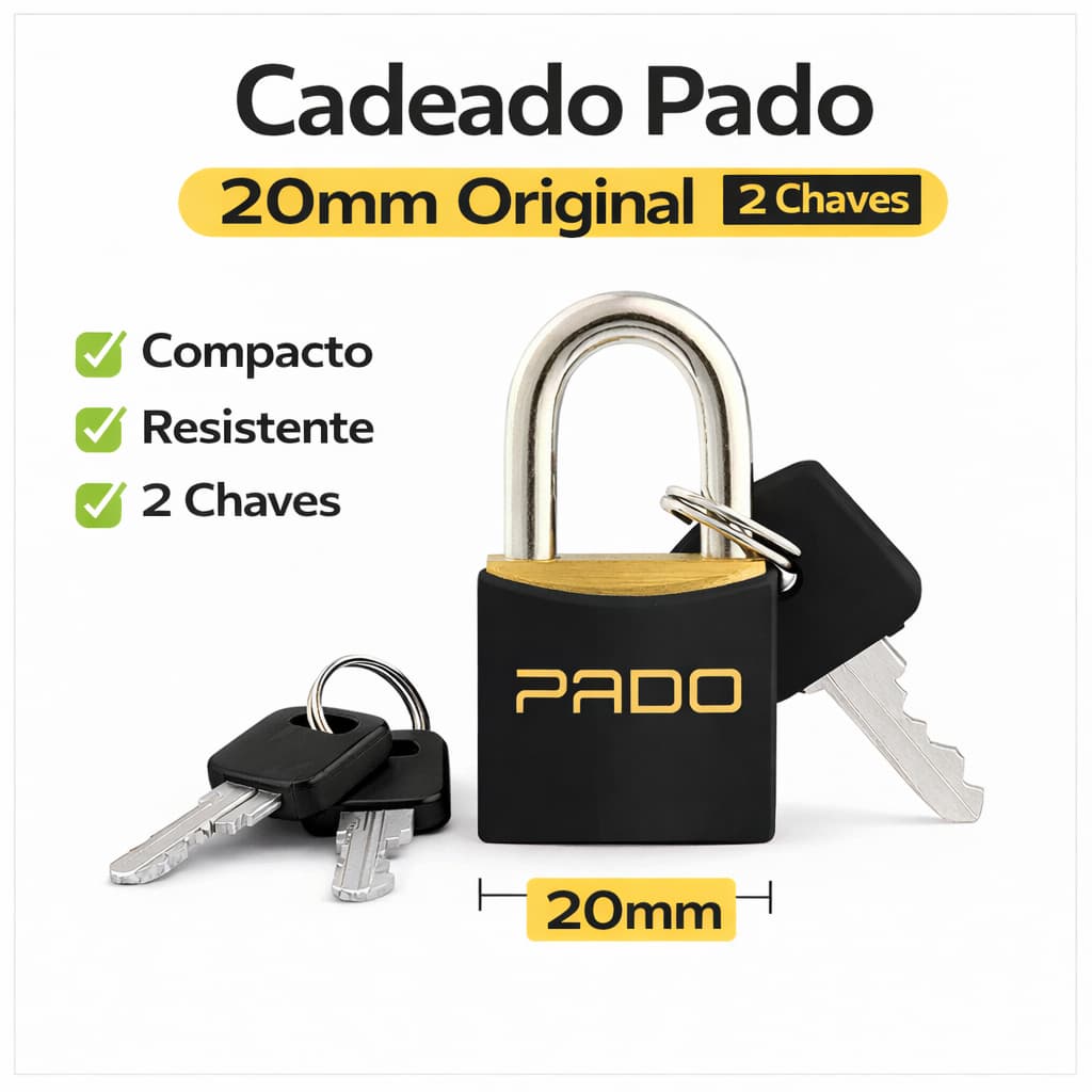 Cadeado Pado 20mm Preto com 2 Chaves Original Cadeado Pequeno para Mochila Mala Armário Bolsa