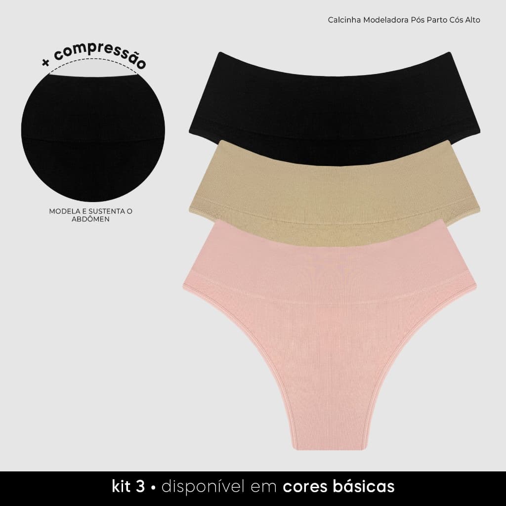 Kit 3 Calcinhas Pós Parto Zee Rucci Cós Alto Sem Costura Modeladora