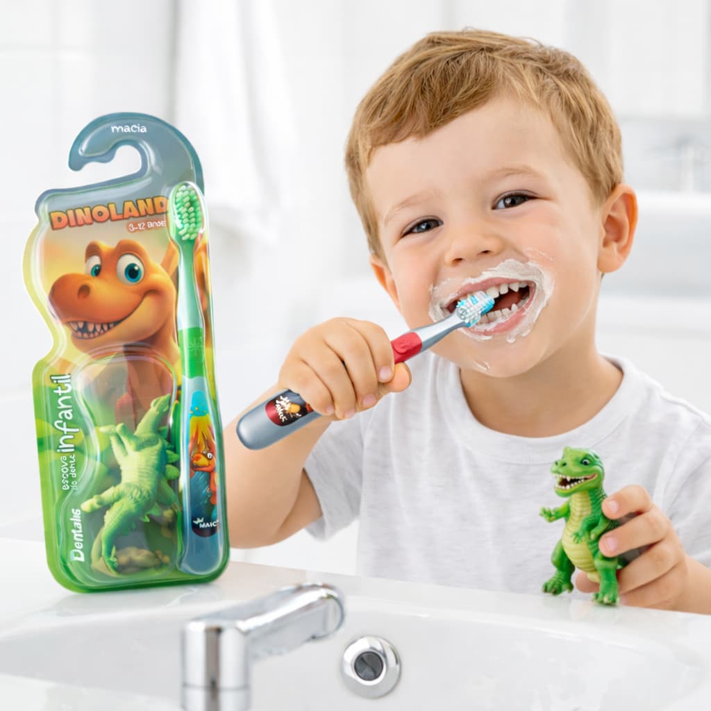 Escova de Dente Infantil Dinossauro Macia Cerdas Ultra Suaves | 3-12 Anos | Cabo Emborrachado Antiderrapante