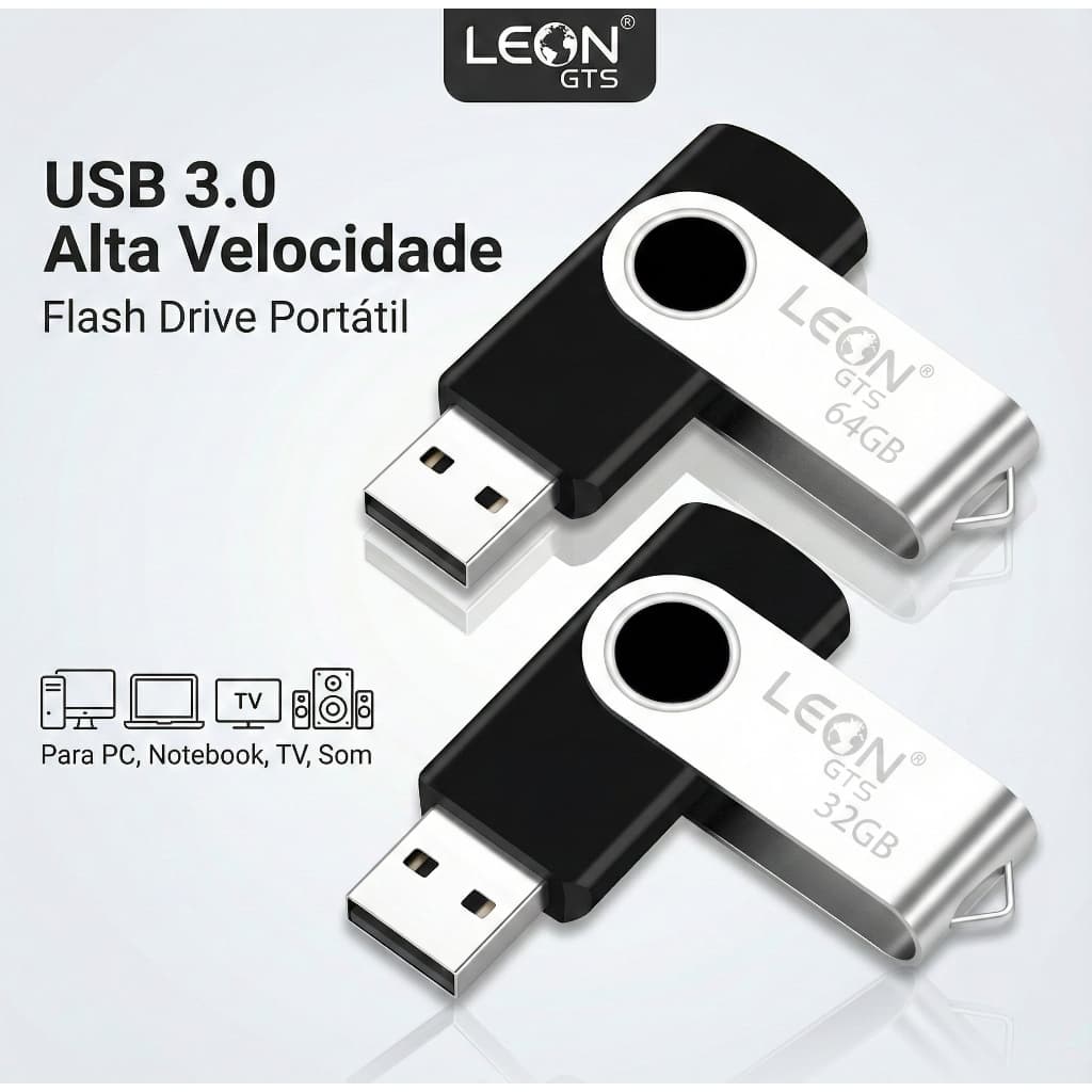 Leon GTS Pendrive USB 3.0 32GB 64GB Giratório Alta Velocidade Para PC Notebook Preto LO-P32 LO-P64