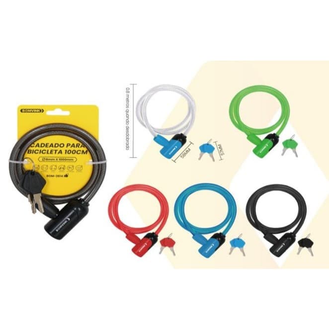 Cadeado para Bicicleta com 2 Chaves , Cabo de Aço 8mm x 100cm, Preto