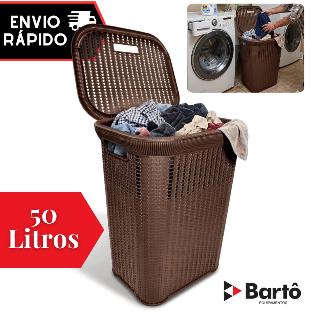 Cesto Telado Rattan 50 Litros Marrom Com Tampa Premium Reforçado