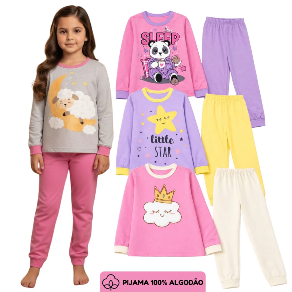 Kit Pijama Infantil de Inverno Menina | Pijama 100% algodão Comprido | Roupa de Dormir Juvenil Tamanho 1 ao 14 anos