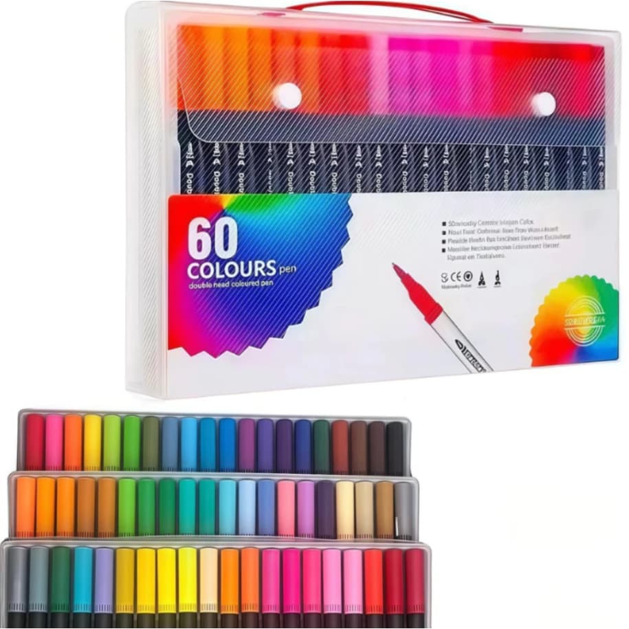 Maleta Conjunto 60 Canetas Brush Cores Sortidas Ponta Dupla