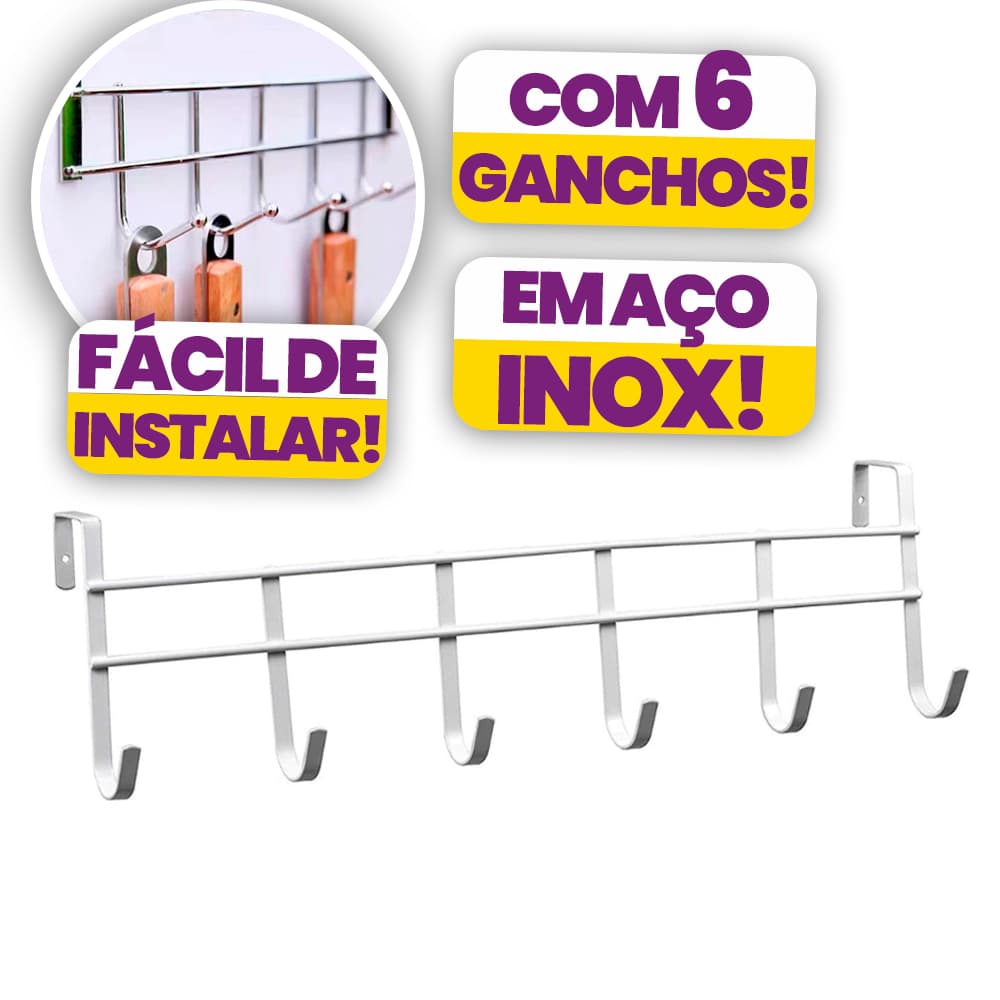 Ganchos Porta Suporte Cabide Multiuso com 6 Ganchos Aço Inox