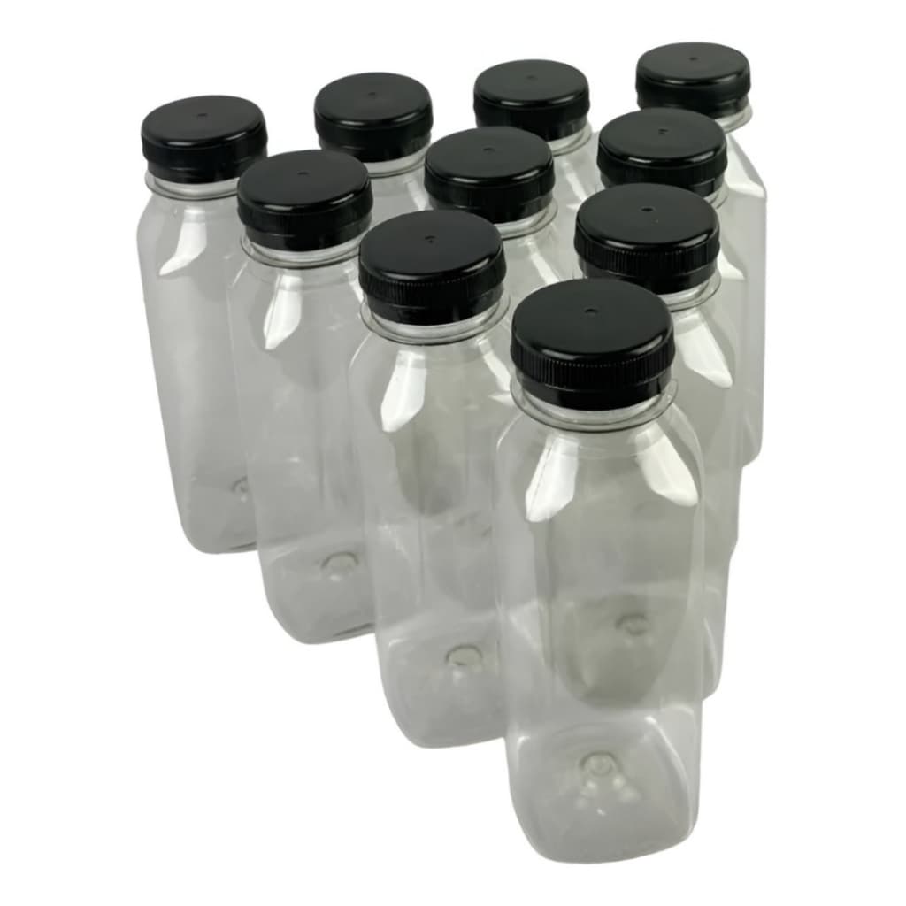 Kit 10 Garrafas Pet Transparente Tampa Preta 300ml