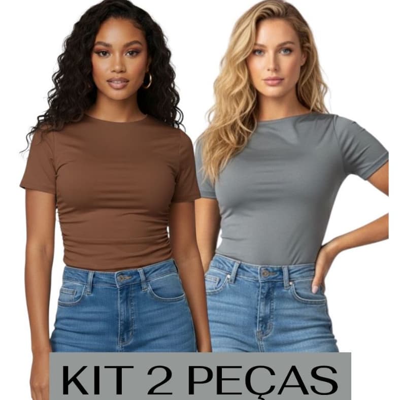 KIT 2 Baby Tee Feminina Blusa Slim Fit Manga Curta Blusa de Compressão Suplex Proteção UV Academia