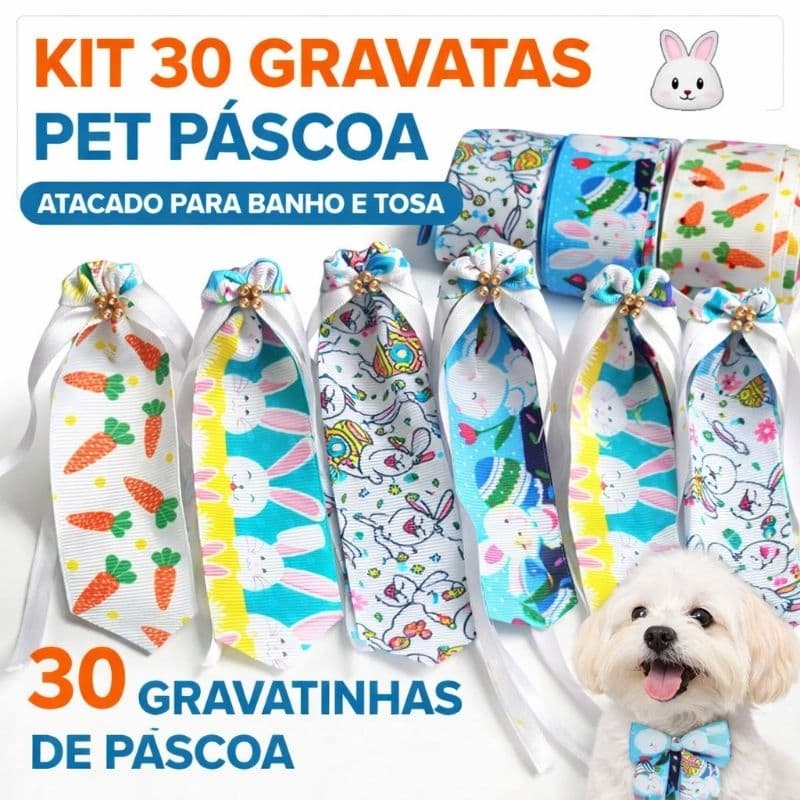 30 Gravatas Pet Páscoa Atacado – Gravata Simples Estampa Coelho para Banho e Tosa Pet Shop