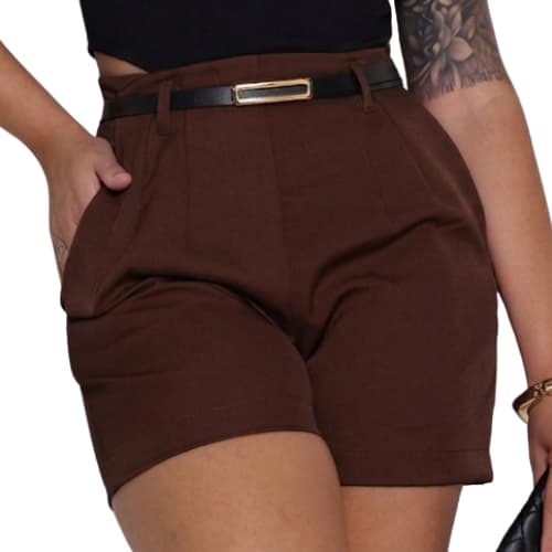 Short feminino  alfaiataria lizo social cintura alta com zíper na lateral bolsos funcionais acompanha cinto verão
