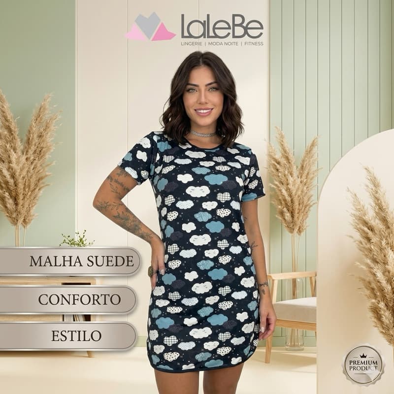 Pijama Camisola Feminina Malha Suede Vestido Paula Feminino Confortável Manga Curta Comportada