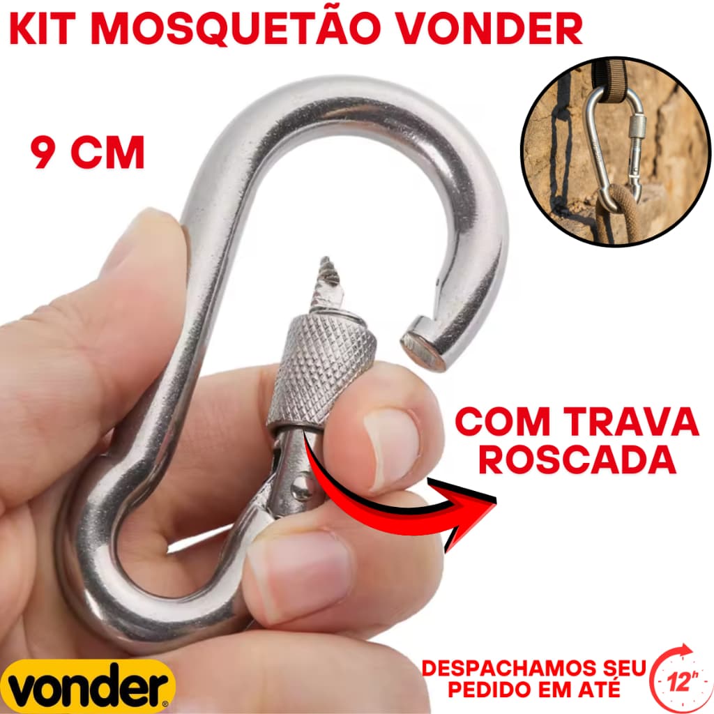 Oferta de 1 até 6 Mosquetão de 9cm-Trava ROSCADA p/ fixação de objetos/Equipamento-suporta até 250kg