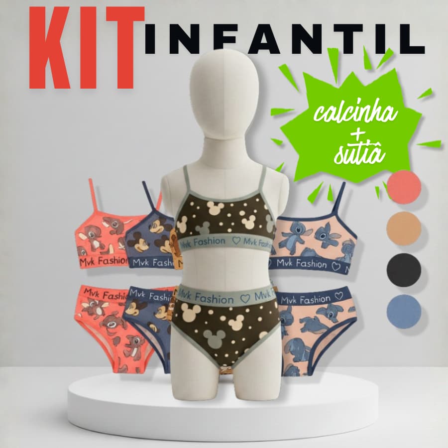 Kit 5 Conjuntos Calcinha e Sutiã Infantil Sem Bojo Microfibra Elástico Estampado