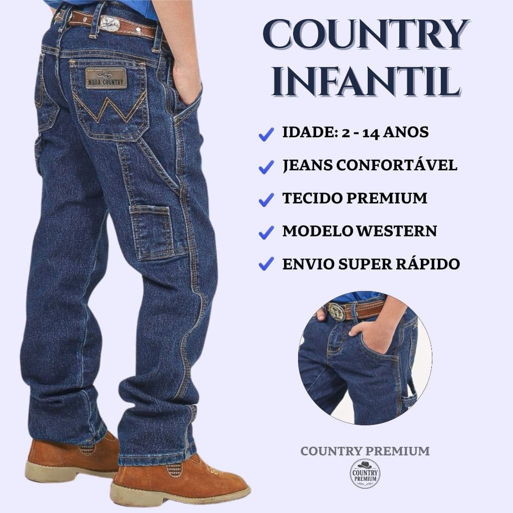 Calça Jeans Infantil Masculina Country Carpinteira Menino Juvenil Premium Confortável Rodeio