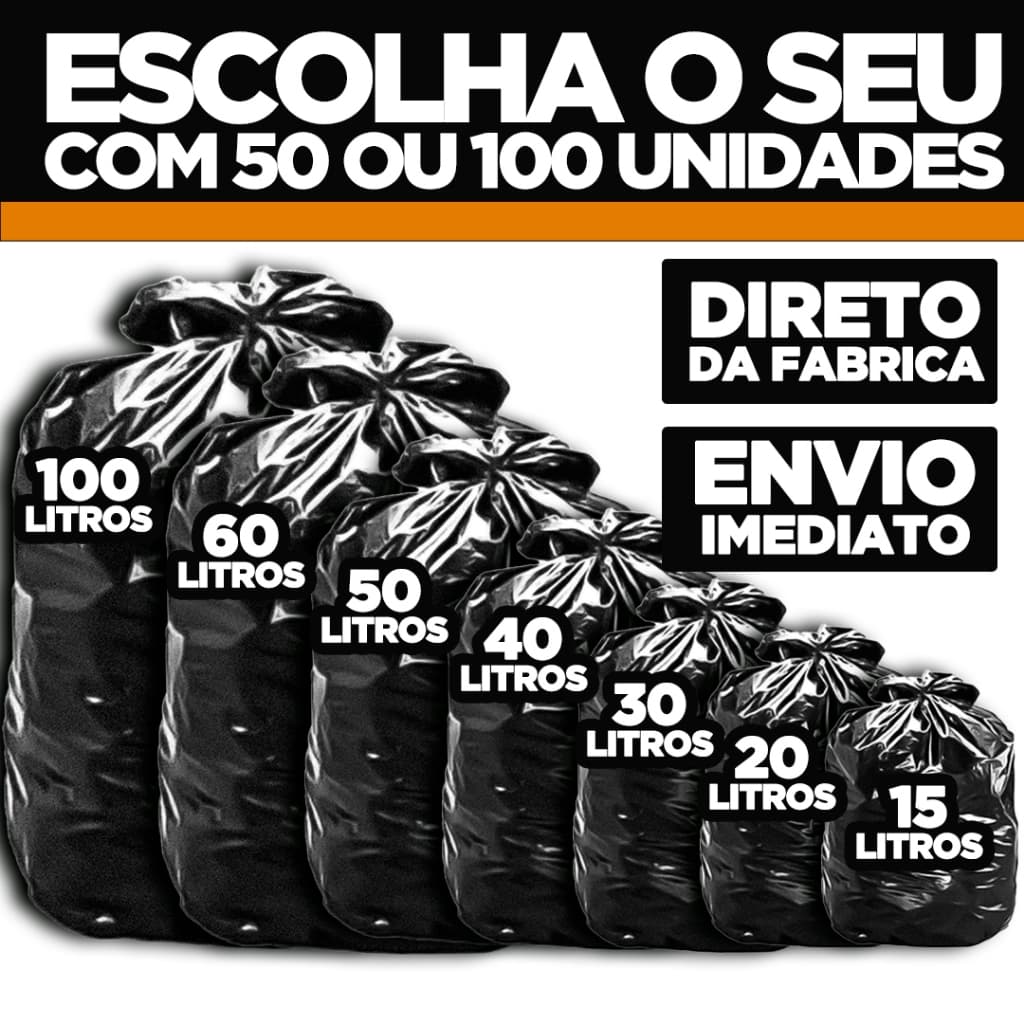 Saco de Lixo 50 e 100 unidades Resistentes - Tamanhos 15L - 20L - 30L - 40L - 50L - 60L e 100L