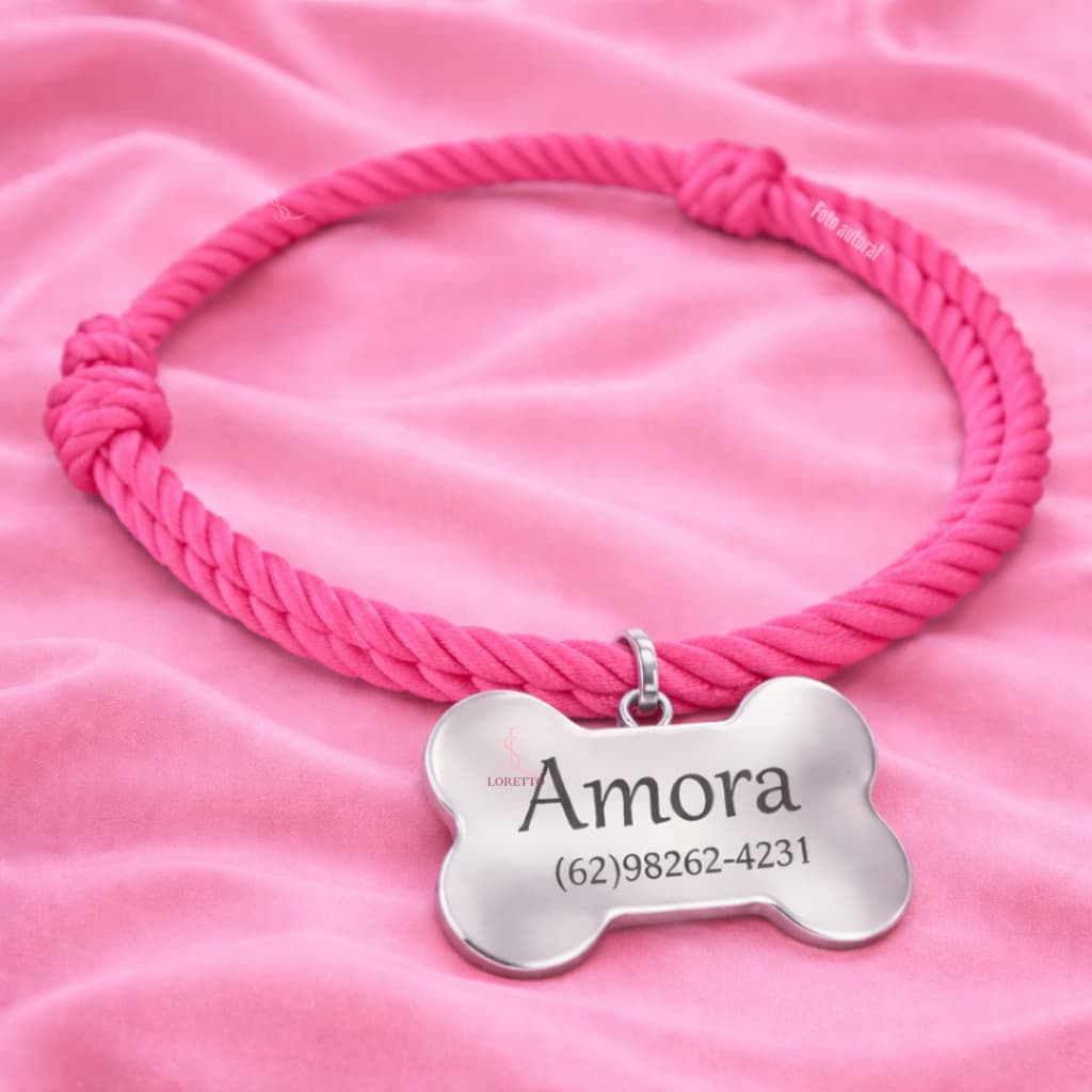 Coleira com Nome Personalizado com Osso Prata Espelhado Esclusivo para Seu Pet K1