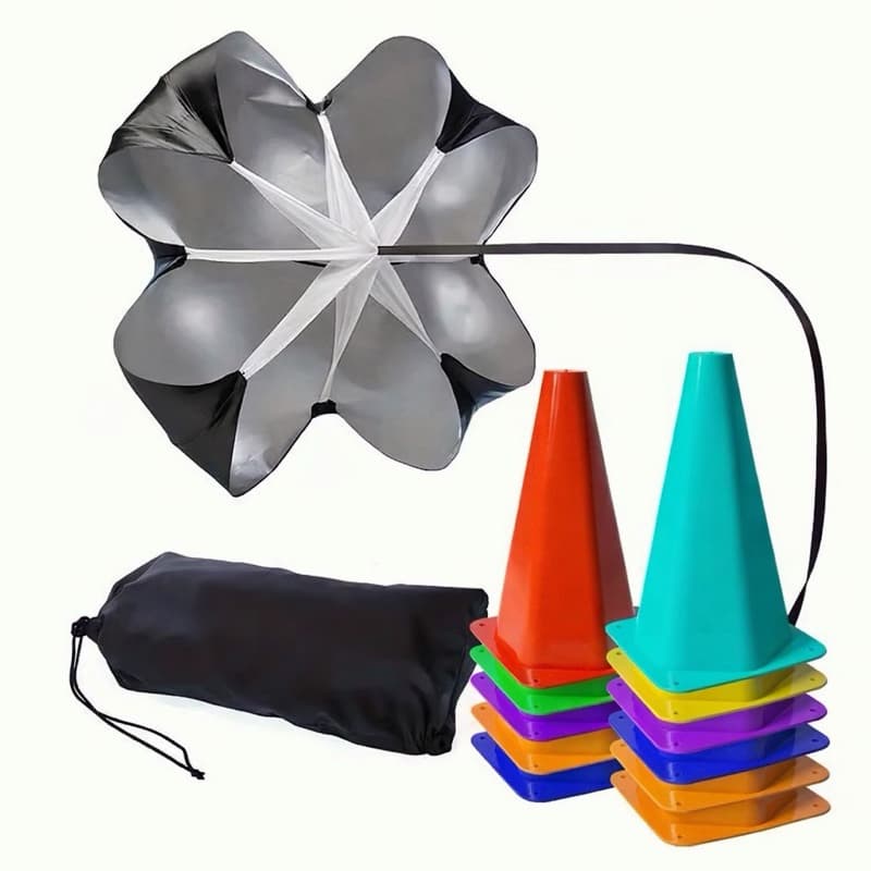 Kit 10 Cones Agiliade Com Paraquedas De Corrida Funcional Exercícios Físicos Velocidade Treinamento