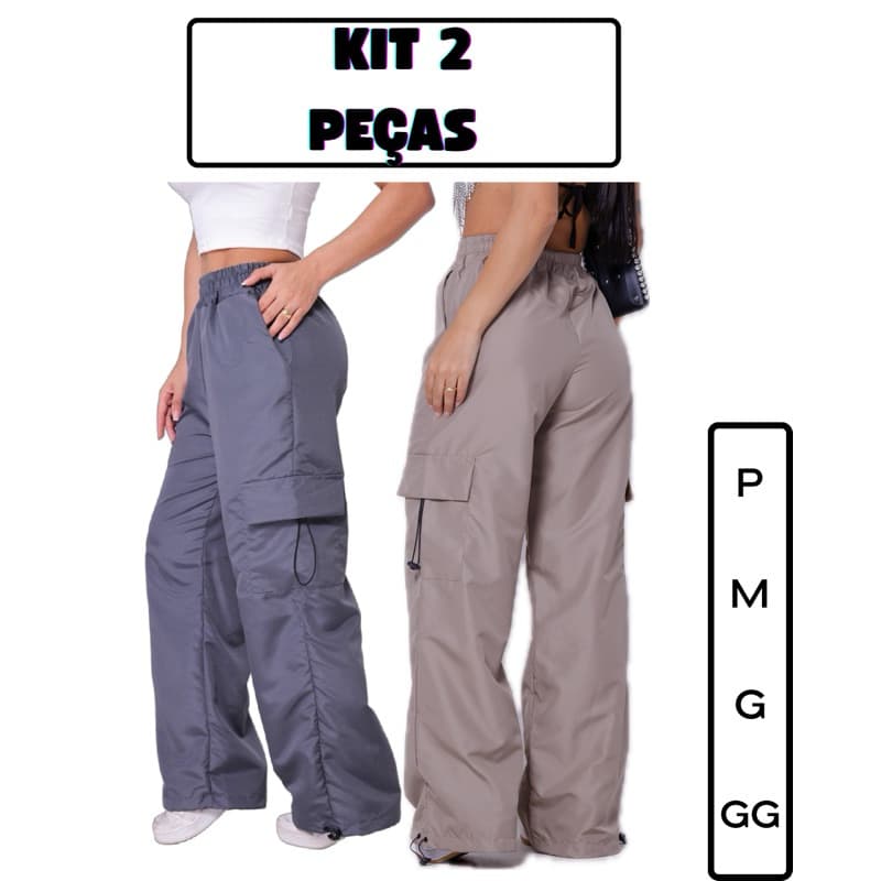 Kit 2 Calças Cargo Parachute Tactel Feminina com  Bolsos laterais ajuste na barra Estilo Street e Conforto Moda Gringa
