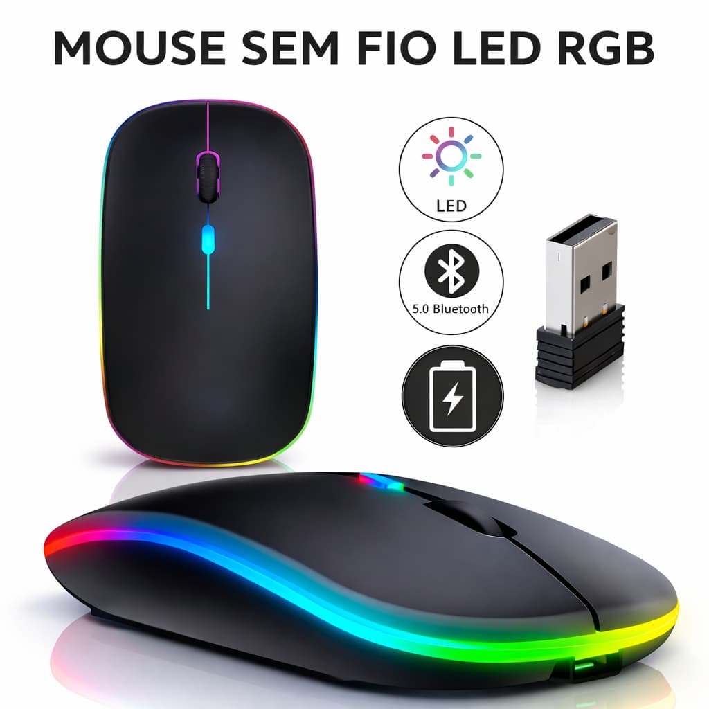 Mouse Sem Fio Recarregável LED RGB Ergonômico Conforto Home Office Notebook PC Silencioso