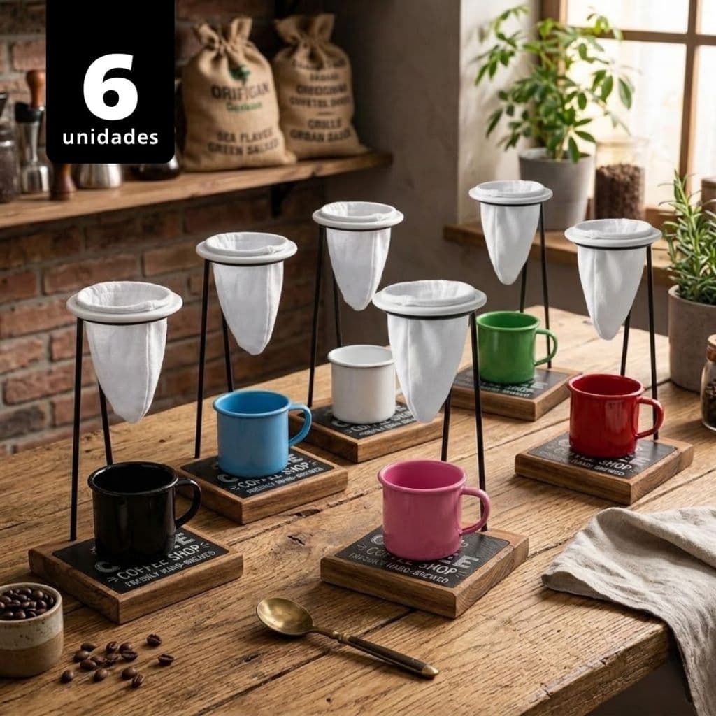 Kit 6 Mini Coador Pano Refil Base Madeira Xícara Alumínio Preto 90ml