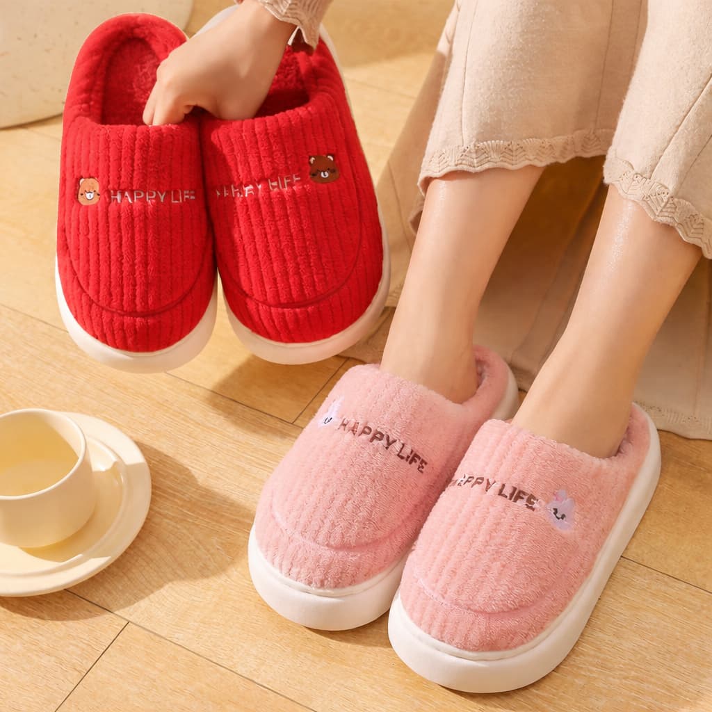 Chinelos De Pelúcia De Inverno Com Letras De Urso De Coelho Macios E Fofos - PF2