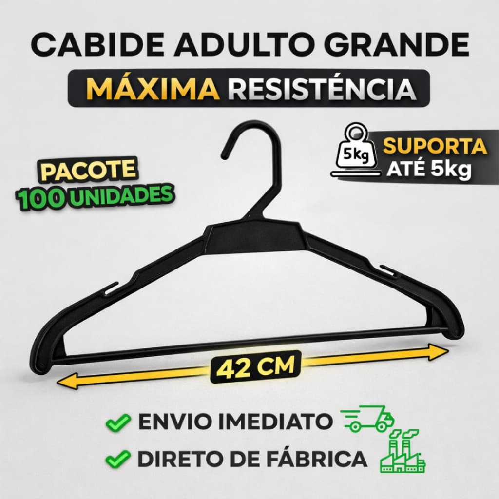 Cabide Adulto Preto Grande Kit 40 a 100 Unidades 42cm Resistente - Suporta até 5Kg