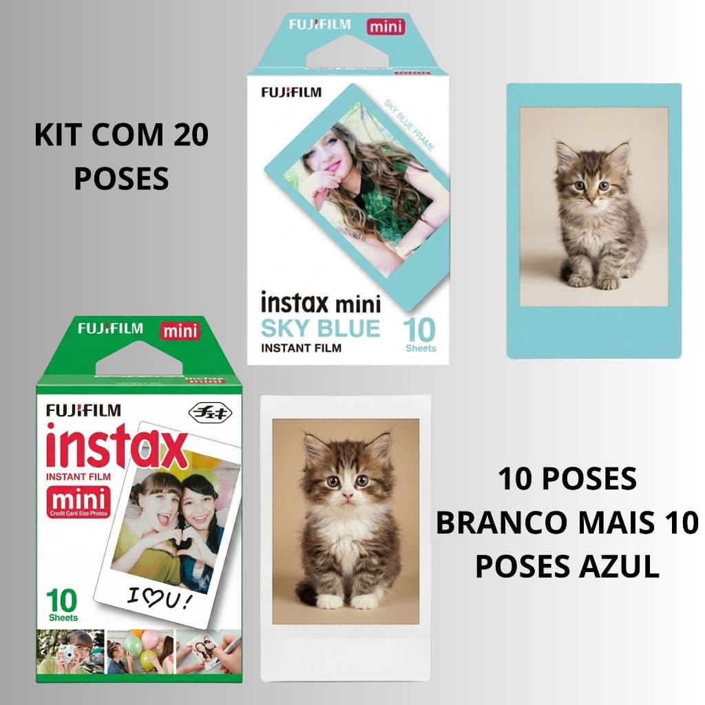 Kit Filme Instax Mini 20 Poses Original 10 Borda Branca + 10 Sky Blue Azul Fujifilm Foto Instantânea