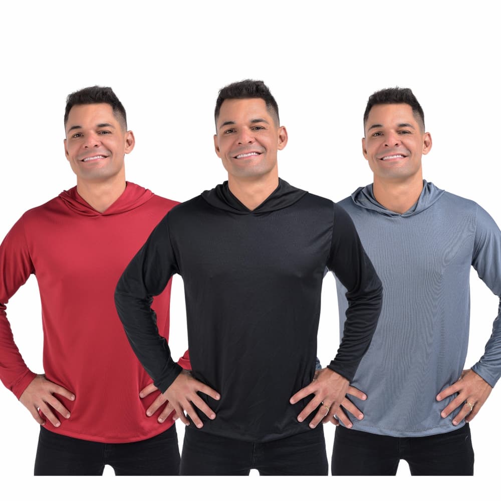 Kit Camisa Camiseta Dry fit Manga Longa Esportiva com Capuz Masculina Proteção Uv Touca Academia Treino