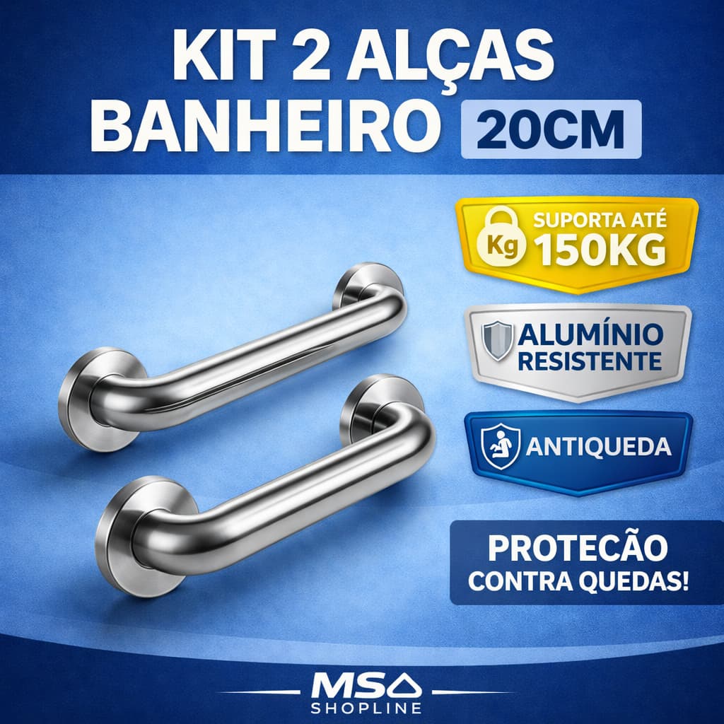 Kit 2 Barras Alças de Apoio 20cm Alumínio Banheiro Idoso PCD Deficiente Corrimão Segurança Não Enferruja