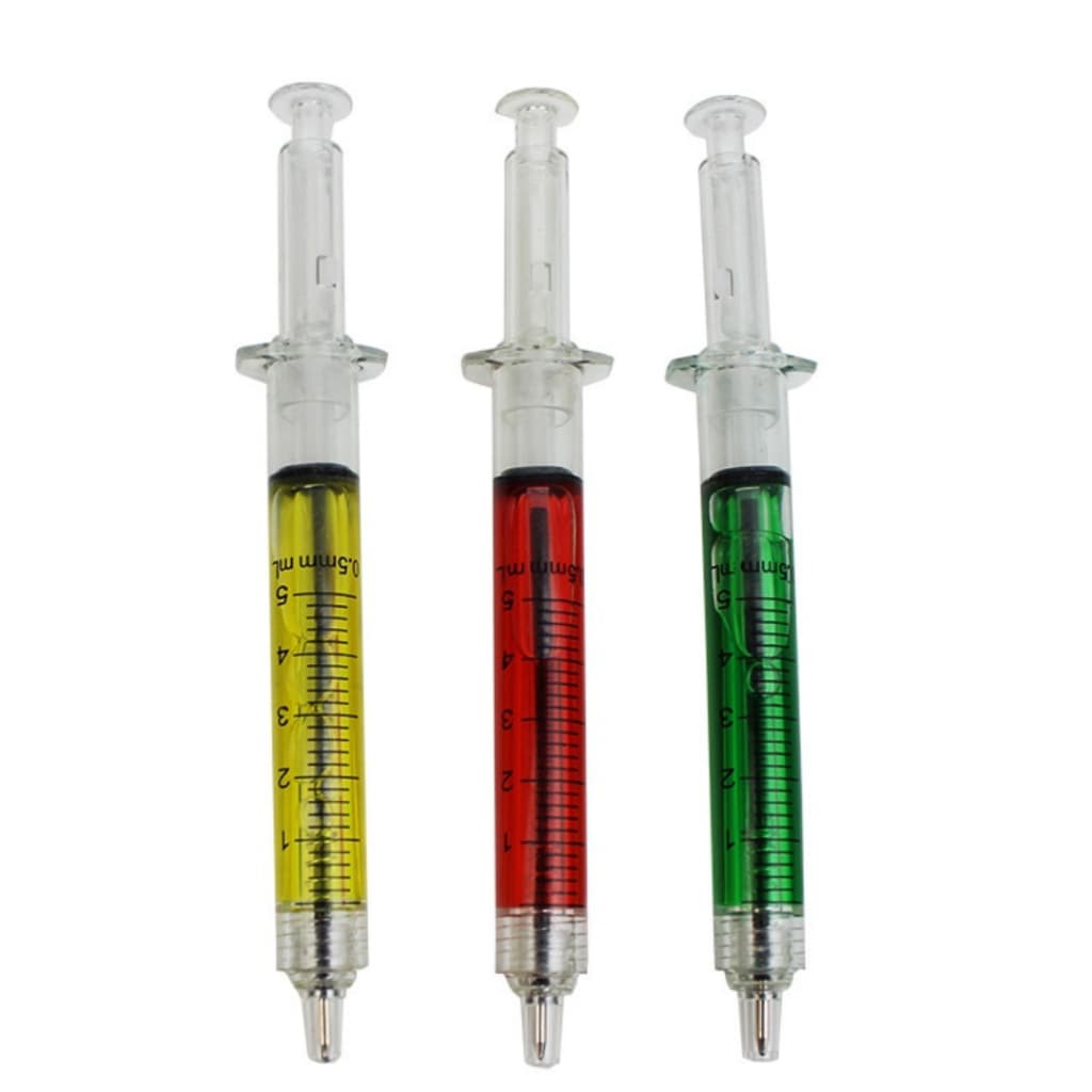 Kit 3 Canetas Esferográfica em Formato de Seringa, Coloridas – Estilo Médico/Enfermeiro