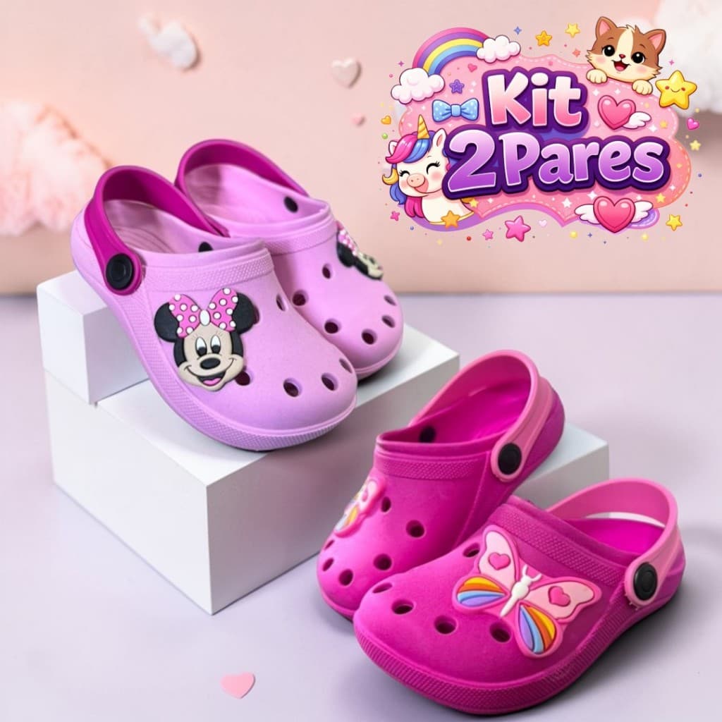 Kit 2 Pares Babuche Infantil Menina Anti-Derrapante e Confortável Personagens