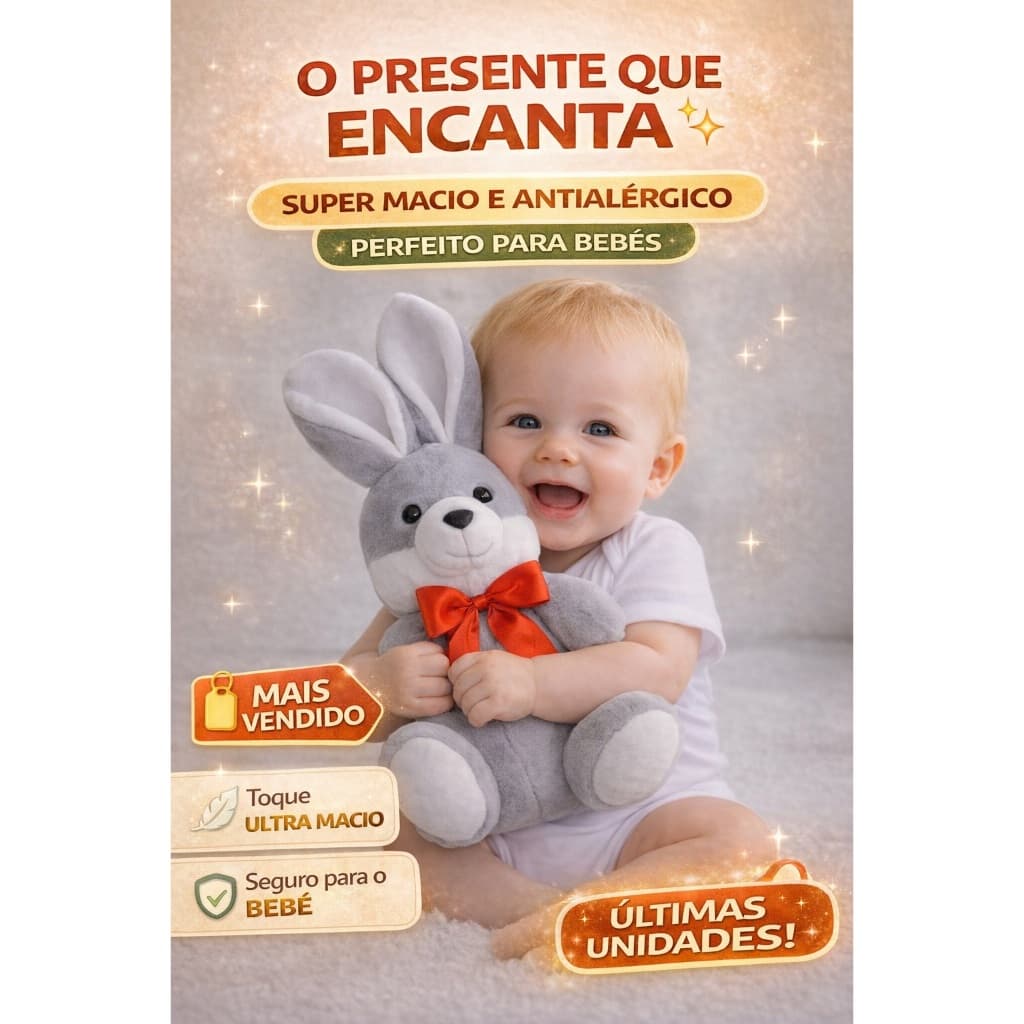 Coelho de Pelúcia 28 cm — Macio, Encantador e Perfeito para Presentear