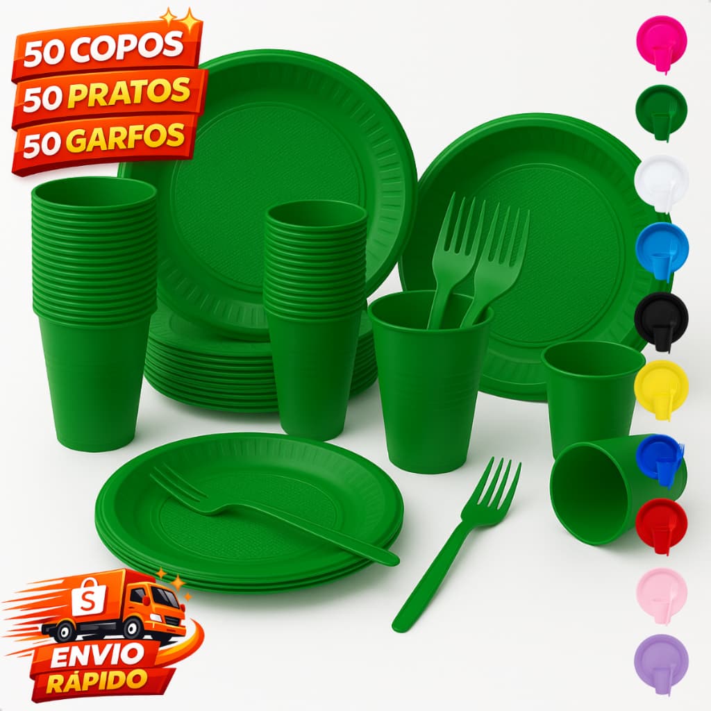 Kit Descartável 150 Itens para ate 50 Pessoas Pratos Copos Garfos Para Aniversario Comemoracoes