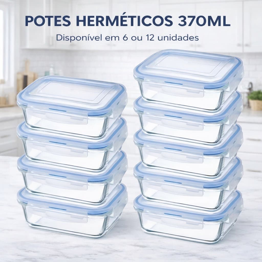 Kit 6 ou 12 Potes Vidro Hermético 370ml Tampa Trava Marmita Freezer Microondas Mantimento