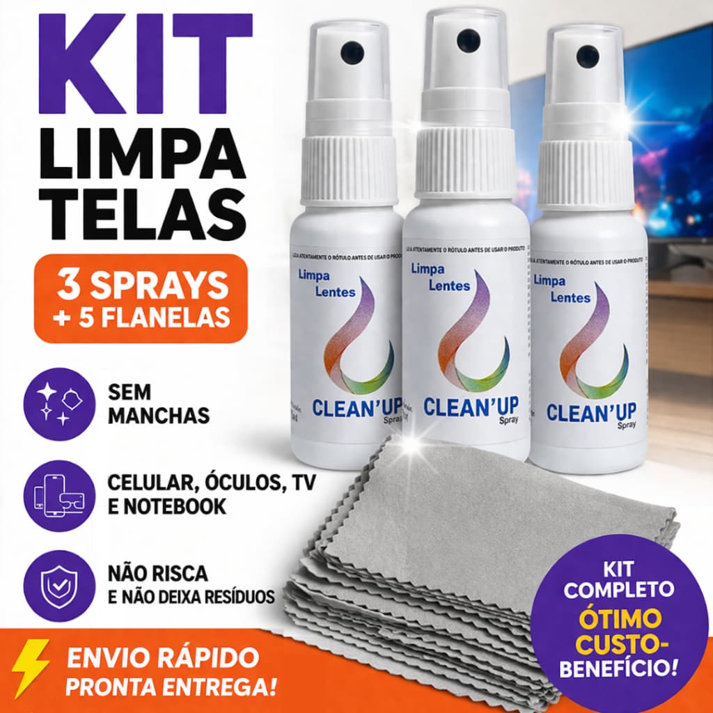 Kit Limpeza Tela e Óculos 3 Sprays + 5 Flanelas | Celular TV Notebook Sem Riscos