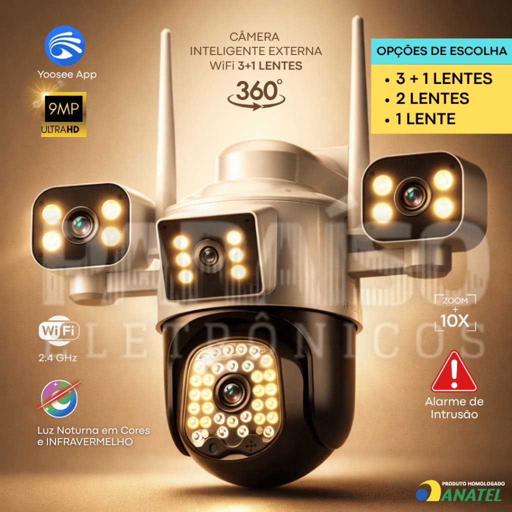 [NOVO] Câmera Inteligente 360º Segurança ULTRA HD 10X ZOOM Wi-Fi Infravermelho 3+1, 2 ou 1 Lente